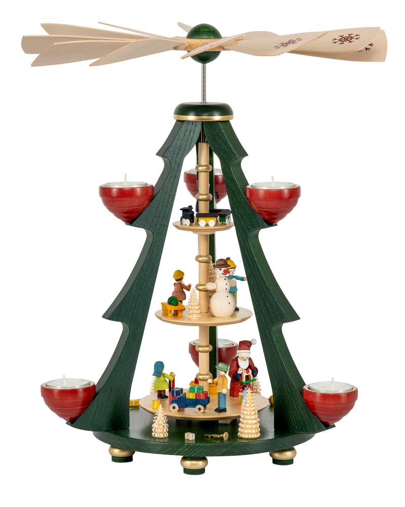 Richard Glässer Baumpyramide „Weihnachtsbescherung“ bunt, 3-stöckig – für Teelichte, 40 cm
