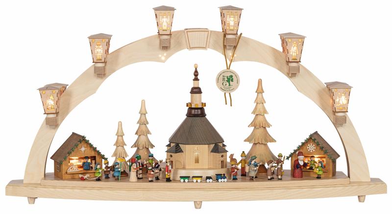 Richard Glaesser Schwibbogen Seiffener Weihnachtsmarkt, elektrisch beleuchtet, aus Seiffen im Erzgebirge