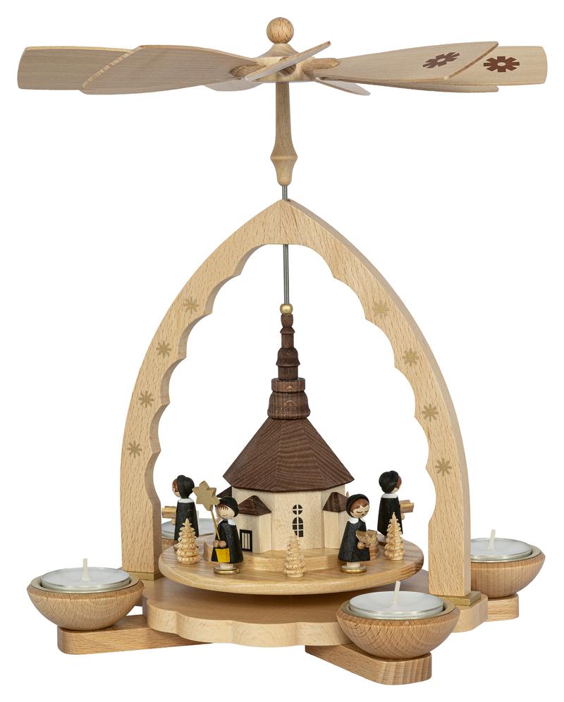 Richard Glässer Weihnachtspyramide „Seiffener Kirche mit Kurrende“ – für Teelichte und Kerzen, Höhe 27 cm