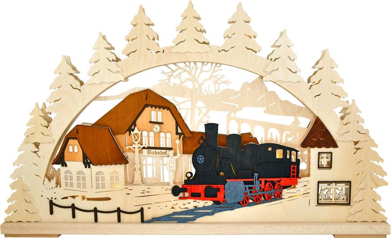 Ratags 3D-​Schwibbogen groß, Bahnhof mit Dampflok