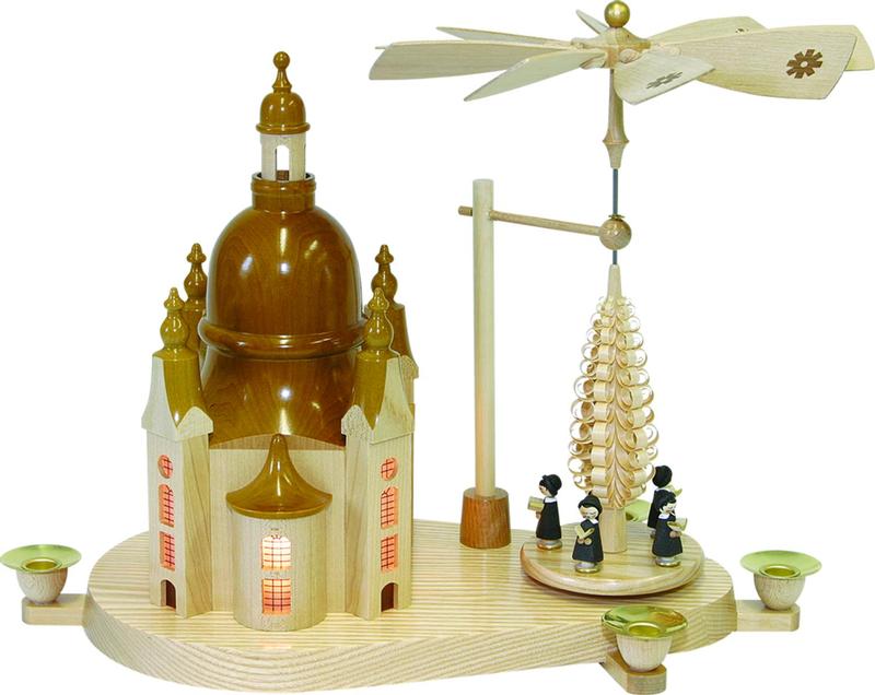 Richard Glaesser Dresdner Frauenkirche mit Pyramide Kurrende, elektrisch beleuchtet, aus Seiffen im Erzgebirge