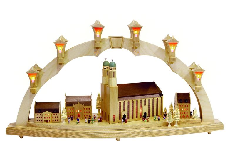 Richard Glaesser Schwibbogen München Münchener Frauenkirche, elektrisch beleuchtet, aus Seiffen im Erzgebirge
