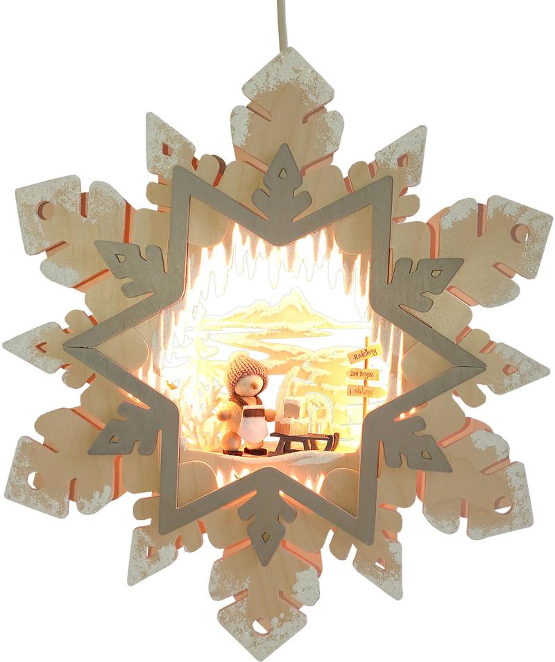 Ratags beleuchtetes Fensterbild Schneeflocke, Snowmolly und Schlitten, Raureif