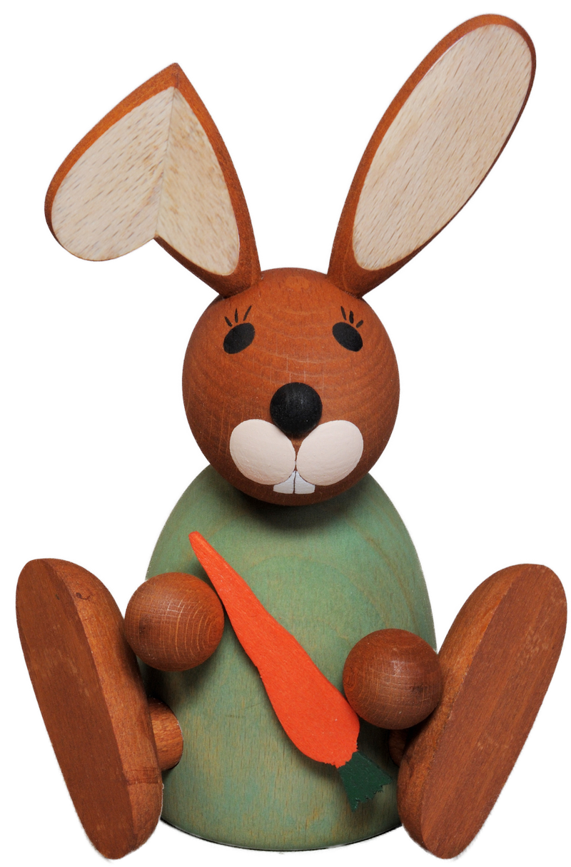 Richard Glaesser Hase grün, sitzend, mit Möhre, aus Seiffen im Erzgebirge