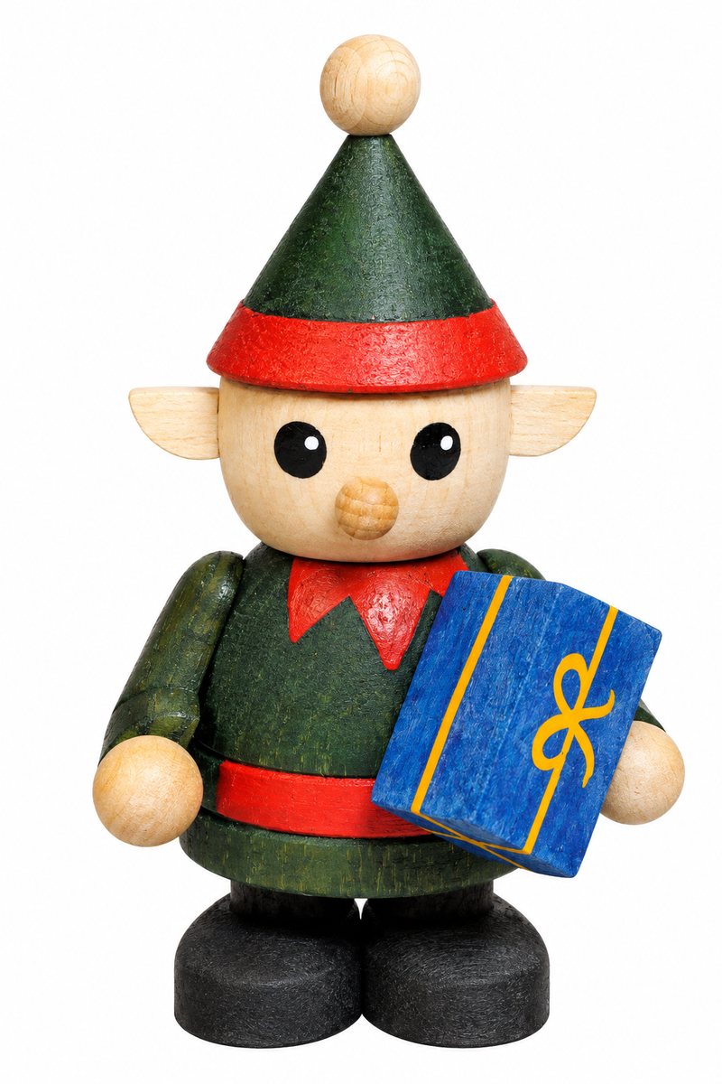 Richard Glaesser Weihnachtself mit Geschenk aus Seiffen im Erzgebirge